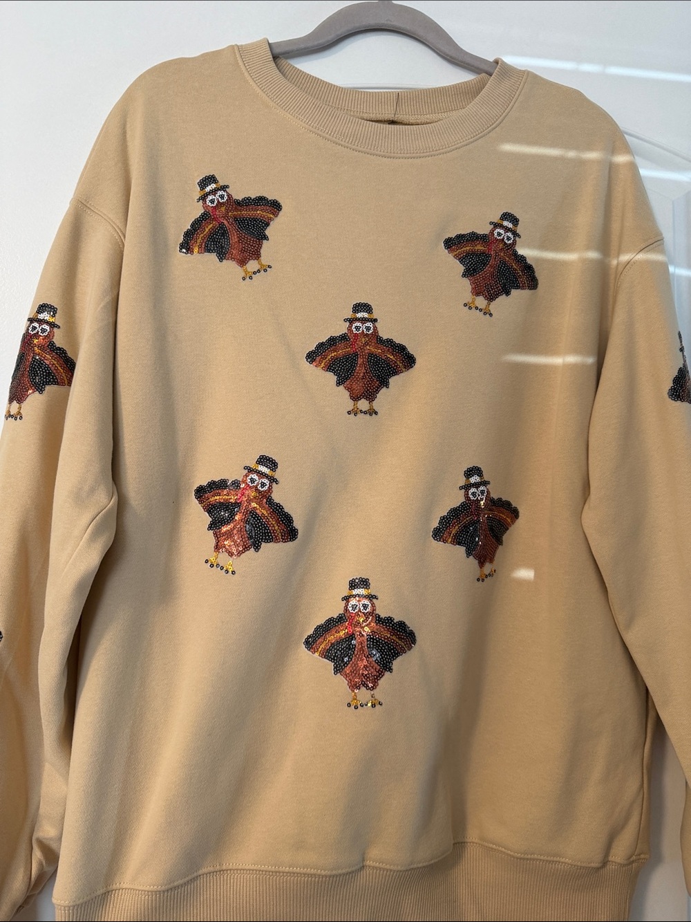Womens Beige Embroidered Turkey Crewneck Sweater size small, fits oversized